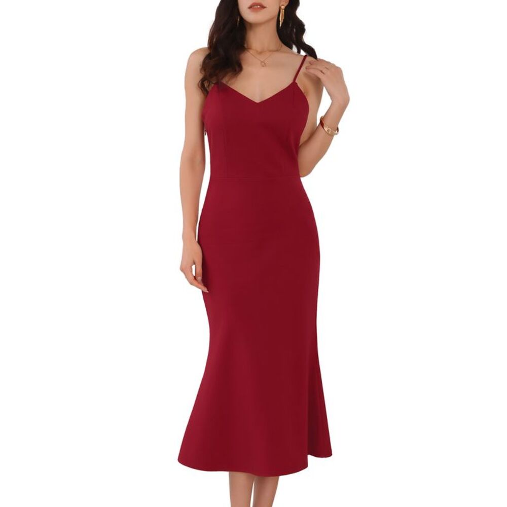 Sleeveless Bodycon Spaghetti Strap Ruffled Party Midi Dress Wine Red